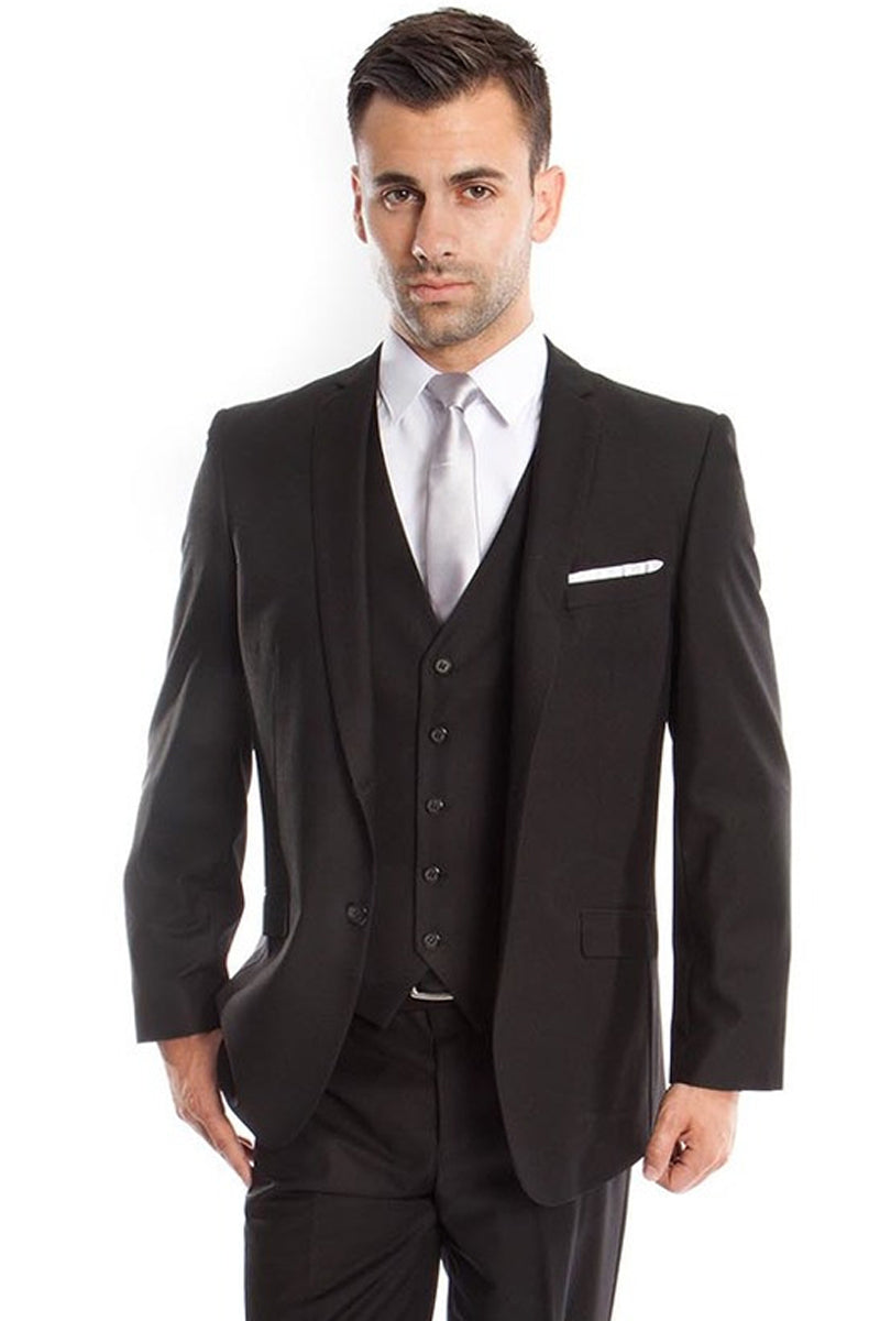 Men's Slim Fit Black Vested Suit by Tazio Suits