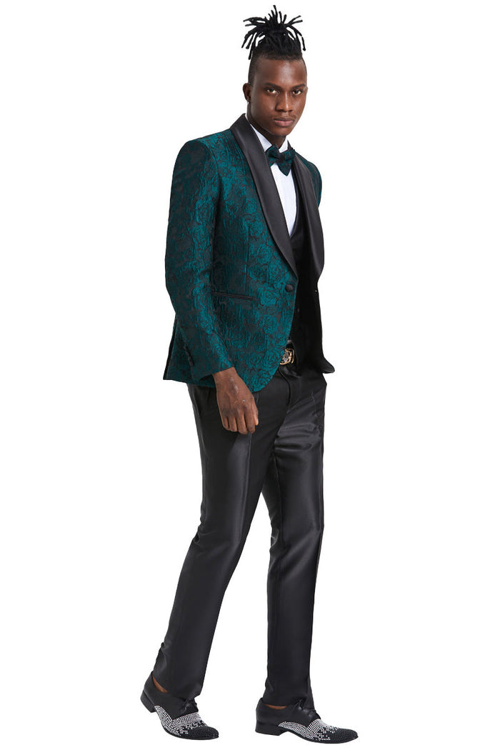 Hunter Green Men's Slim Fit Paisley Floral Prom Tuxedo with One Button Vest Green Prom Dress by Tazzio