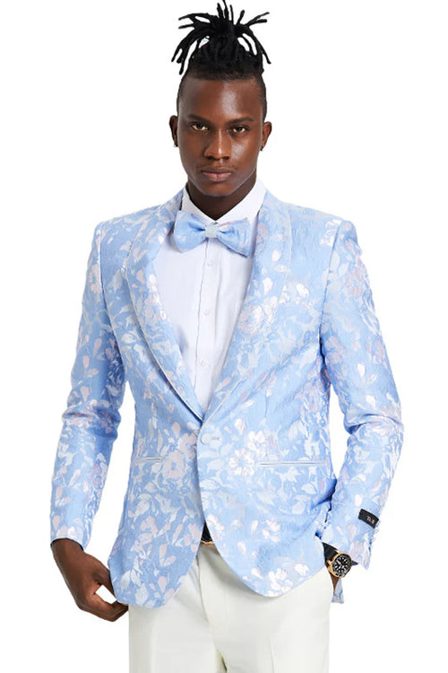 Men's slim fit sky blue & silver paisley foil print tuxedo dinner jacket for prom & wedding USA Men's Outlet