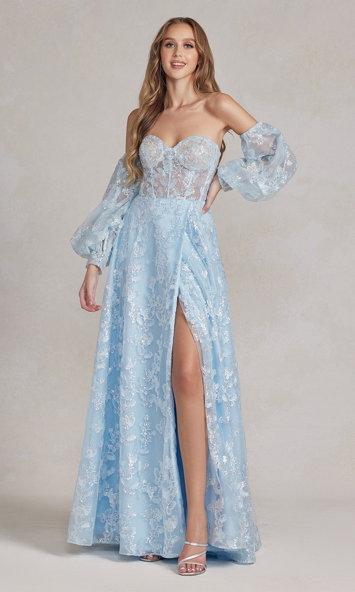 Nox Anabel K1155 Puff-Sleeve Sheer Bodice Long Prom Dress
