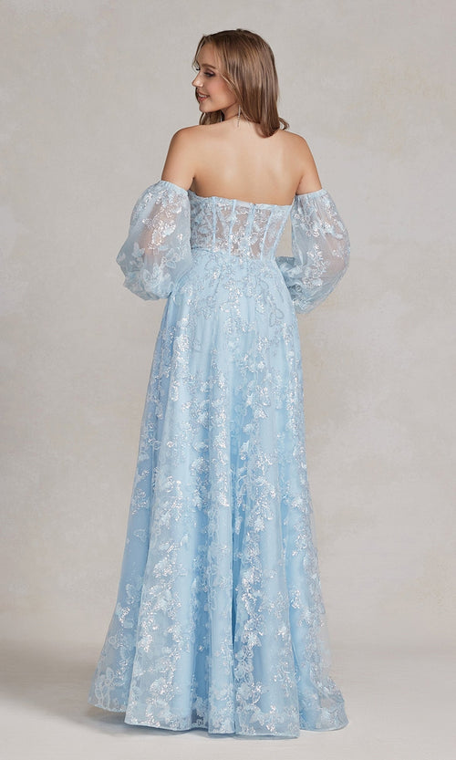 Nox Anabel K1155 Puff-Sleeve Sheer Bodice Long Prom Dress
