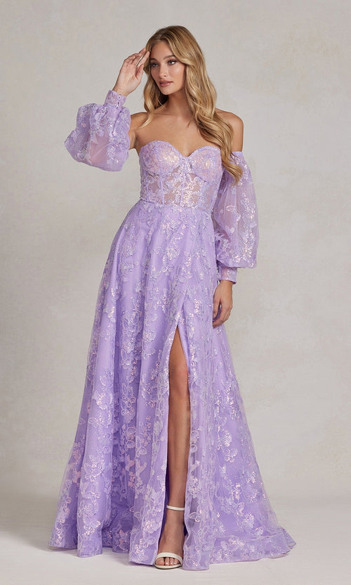 Nox Anabel K1155 Puff-Sleeve Sheer Bodice Long Prom Dress