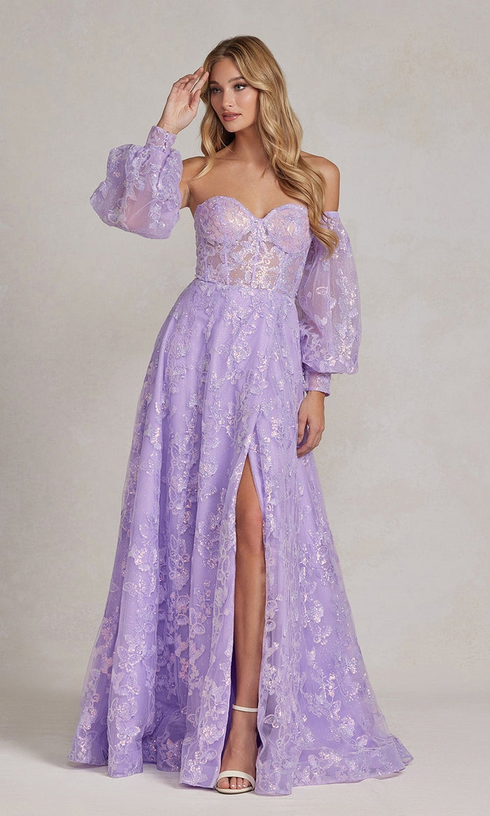 Nox Anabel K1155 Puff-Sleeve Sheer Bodice Long Prom Dress