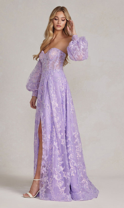 Nox Anabel K1155 Puff-Sleeve Sheer Bodice Long Prom Dress
