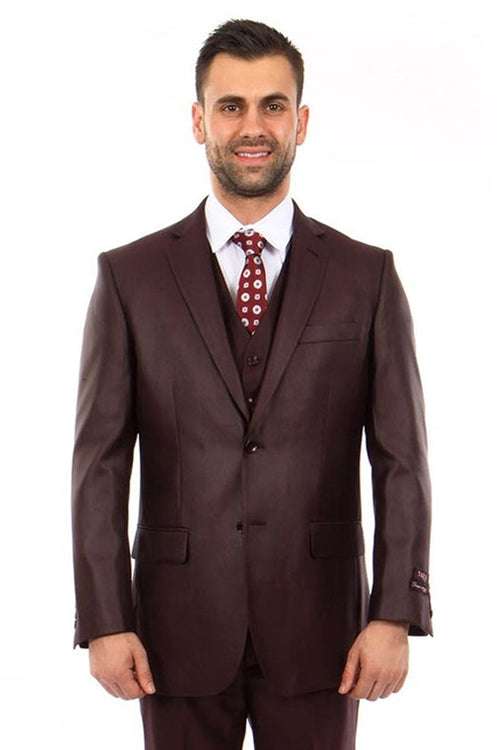 Men's Vested Textured Sharkskin Burgundy Suit