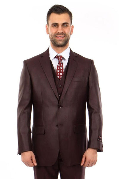 Men's Vested Textured Sharkskin Burgundy Suit