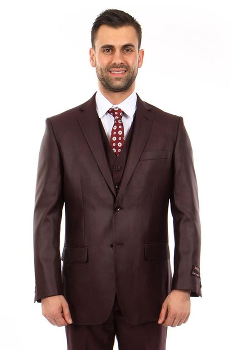 Men's Vested Textured Sharkskin Burgundy Suit