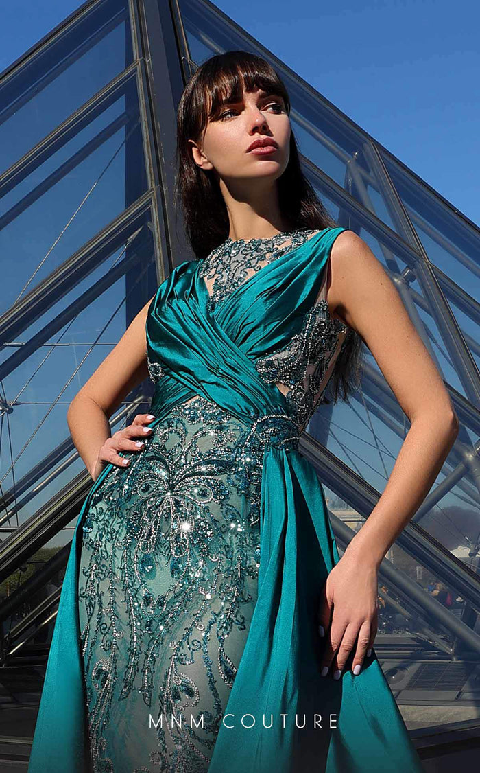 MNM Couture K4007 Satin Mermaid Gown in Petrol with Beading