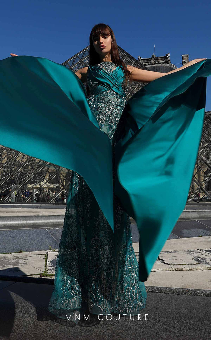 MNM Couture K4007 Satin Mermaid Gown in Petrol with Beading