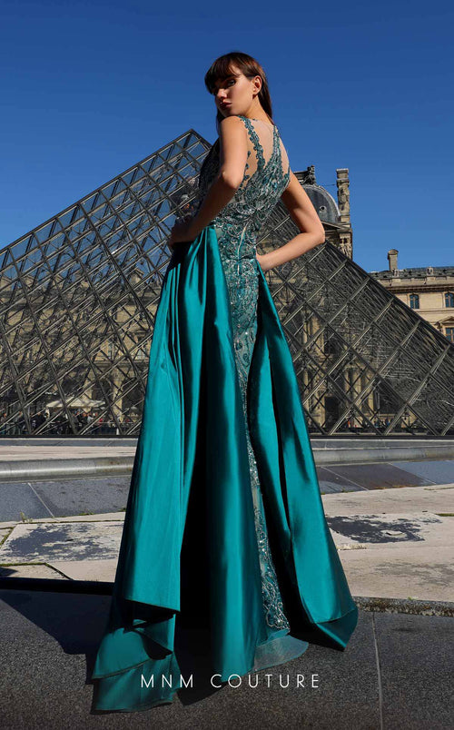 MNM Couture K4007 Satin Mermaid Gown in Petrol with Beading