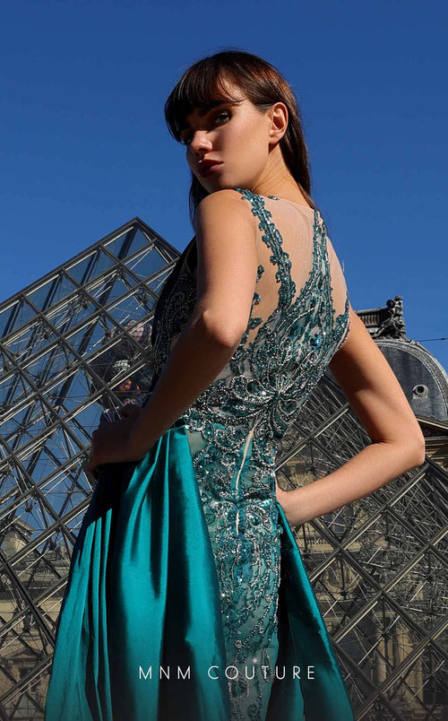 MNM Couture K4007 Satin Mermaid Gown in Petrol with Beading