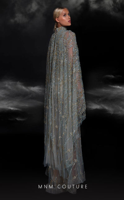 MNM Couture K4119 High Neck Beaded Cape Gown in Tiffany
