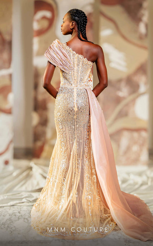 MNM Couture K4151 Beige One-Shoulder Gown with Embellishment