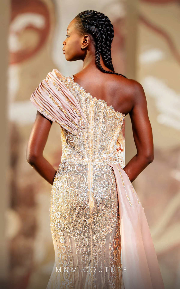 MNM Couture K4151 Beige One-Shoulder Gown with Embellishment