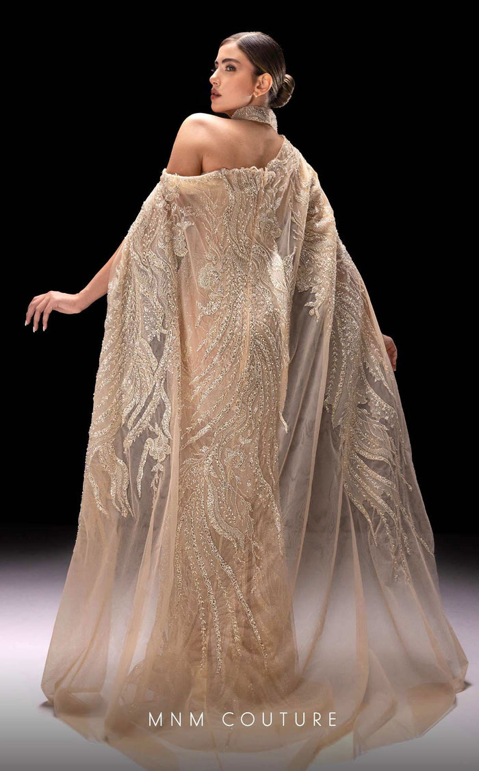 MNM Couture K4241 One-Shoulder Long Gown in Beige