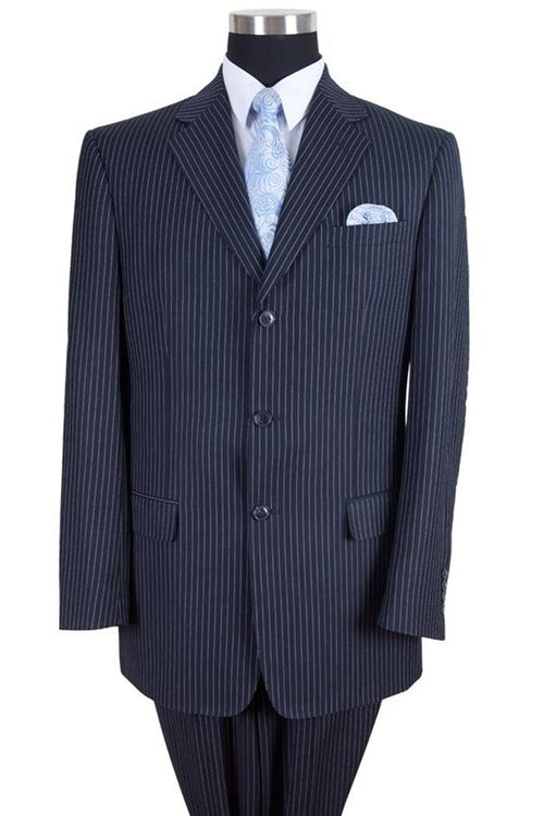 Mens Classic Fit 3 Button Banker Pinstripe Suit in Navy by Fortino Landiin