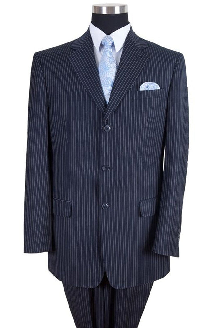 Mens Classic Fit 3 Button Banker Pinstripe Suit in Navy by Fortino Landiin