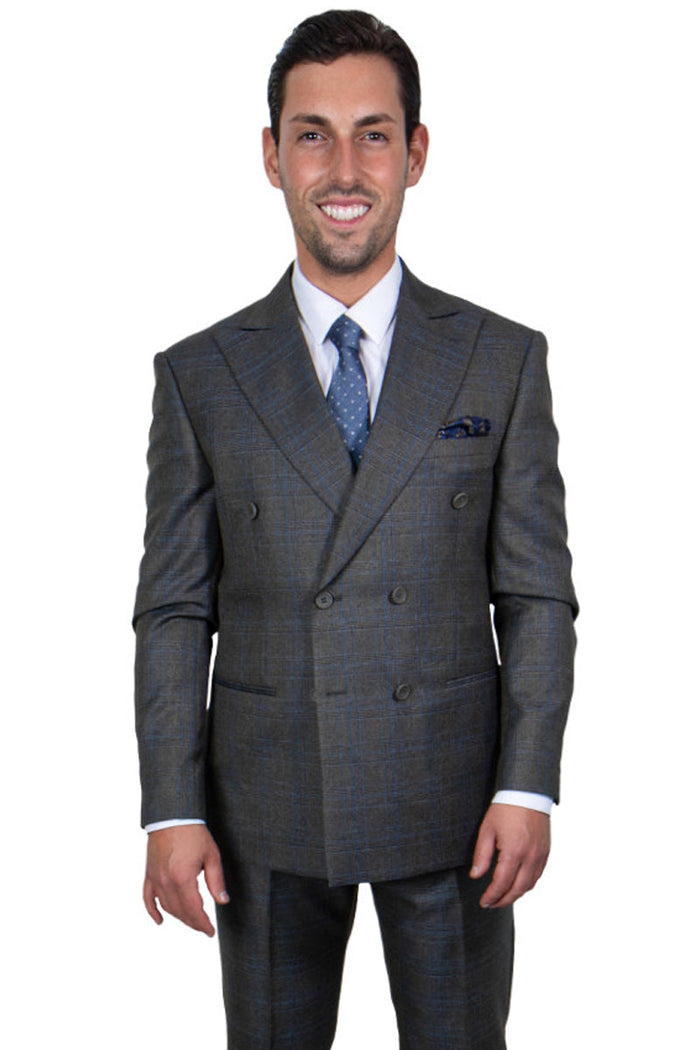 Men's Charcoal Grey Stacy Adams Windowpane Double Breasted Suit