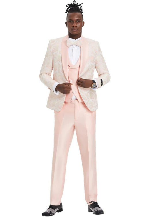 Pink  Prom Tuxedo Suit - Pink Wedding Suit - Men's One Button Vested Shawl Lapel Prom Tuxedo In Embossed Pink Paisley