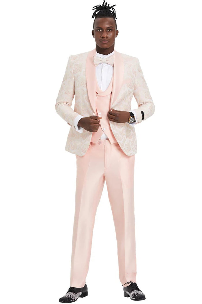 Pink Prom Tuxedo Suit - Pink Wedding Suit - Men's One Button Vested Shawl Lapel Prom Tuxedo In Embossed Pink Paisley