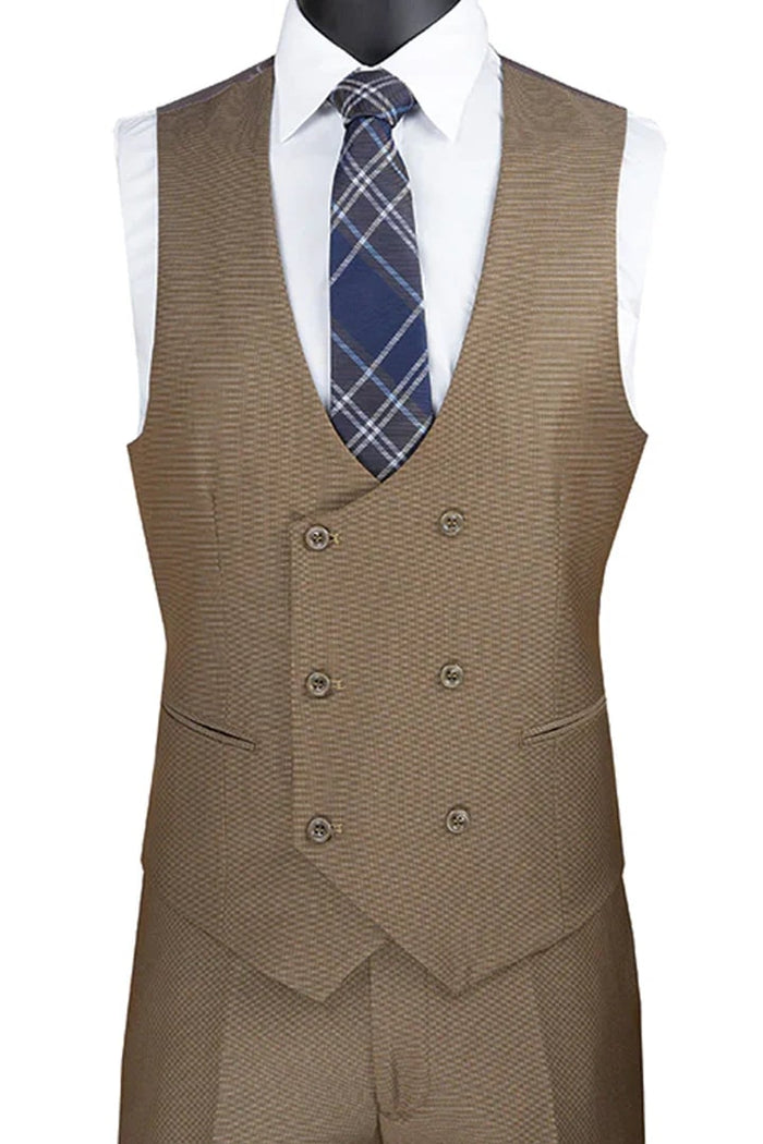 Khaki Prom Tuxedo Suit -Khaki Wedding Suit - Men's Modern Fit Tuxedo Suit With Double Breasted Vest And Satin Trim