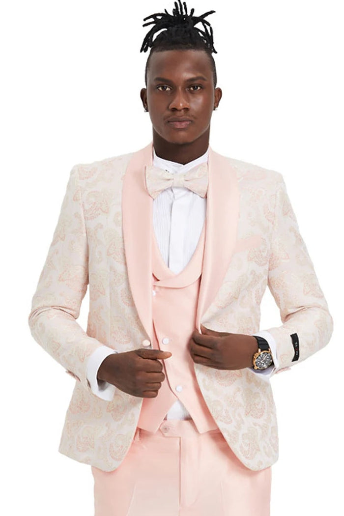 Pink Prom Tuxedo Suit - Pink Wedding Suit - Men's One Button Vested Shawl Lapel Prom Tuxedo In Embossed Pink Paisley