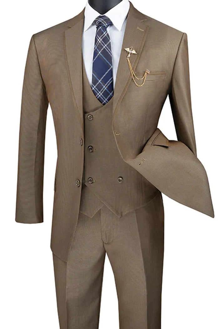 Khaki Prom Tuxedo Suit -Khaki Wedding Suit - Men's Modern Fit Tuxedo Suit With Double Breasted Vest And Satin Trim