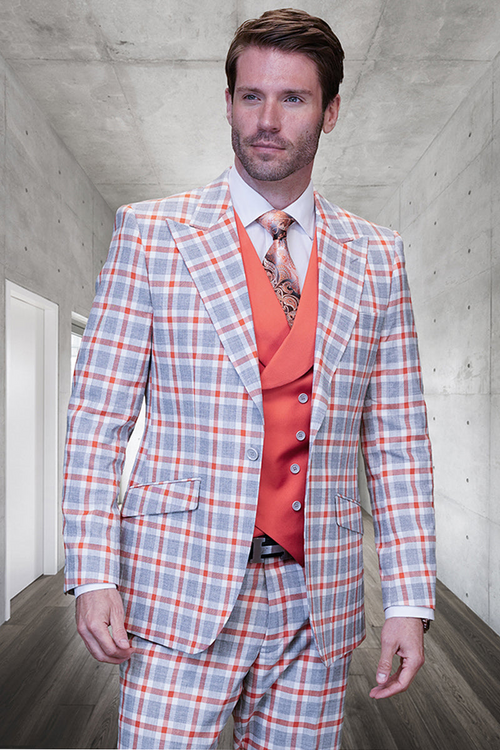 Men's Designer Vested Wool Suit in Grey & Coral