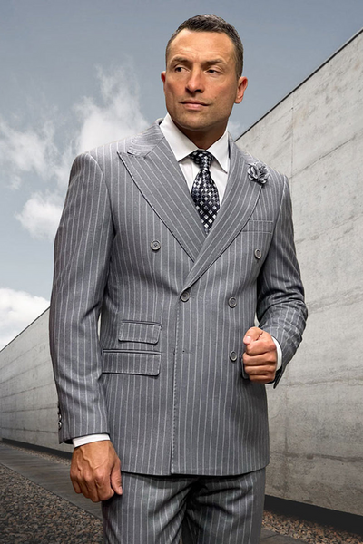 Men's Grey Double Breasted Wool Suit by Statement Suits