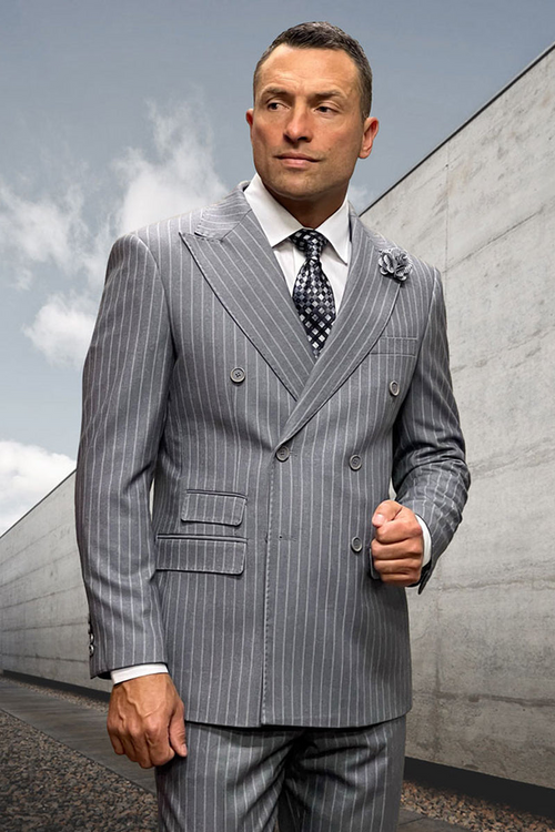 Men's Grey Double Breasted Wool Suit by Statement Suits