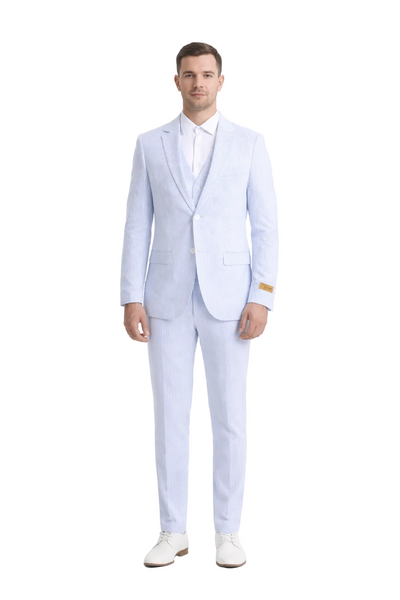 Kentucky Derby Seersucker Suits For Men - Big and Tall Seersucker Suit Mens Vested Summer Seersucker Suit in Blue Pinstripe
