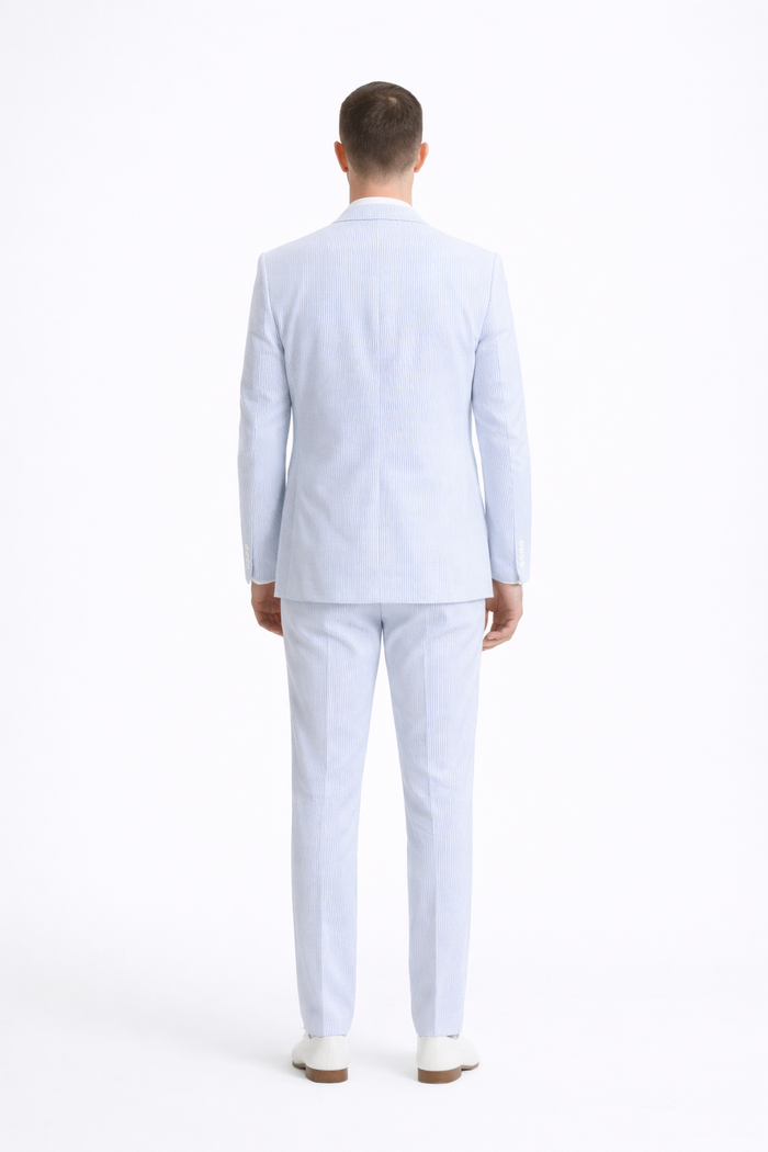 Kentucky Derby Seersucker Suits For Men - Big and Tall Seersucker Suit Mens Vested Summer Seersucker Suit in Blue Pinstripe