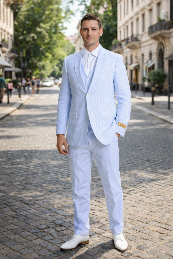 Kentucky Derby Seersucker Suits For Men - Big and Tall Seersucker Suit Mens Vested Summer Seersucker Suit in Blue Pinstripe