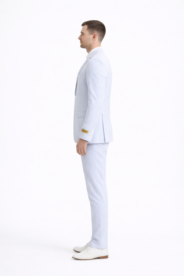 Kentucky Derby Seersucker Suits For Men - Big and Tall Seersucker Suit Mens Vested Summer Seersucker Suit in Blue Pinstripe