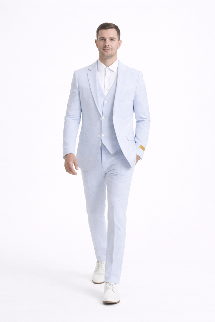 Kentucky Derby Seersucker Suits For Men - Big and Tall Seersucker Suit Mens Vested Summer Seersucker Suit in Blue Pinstripe