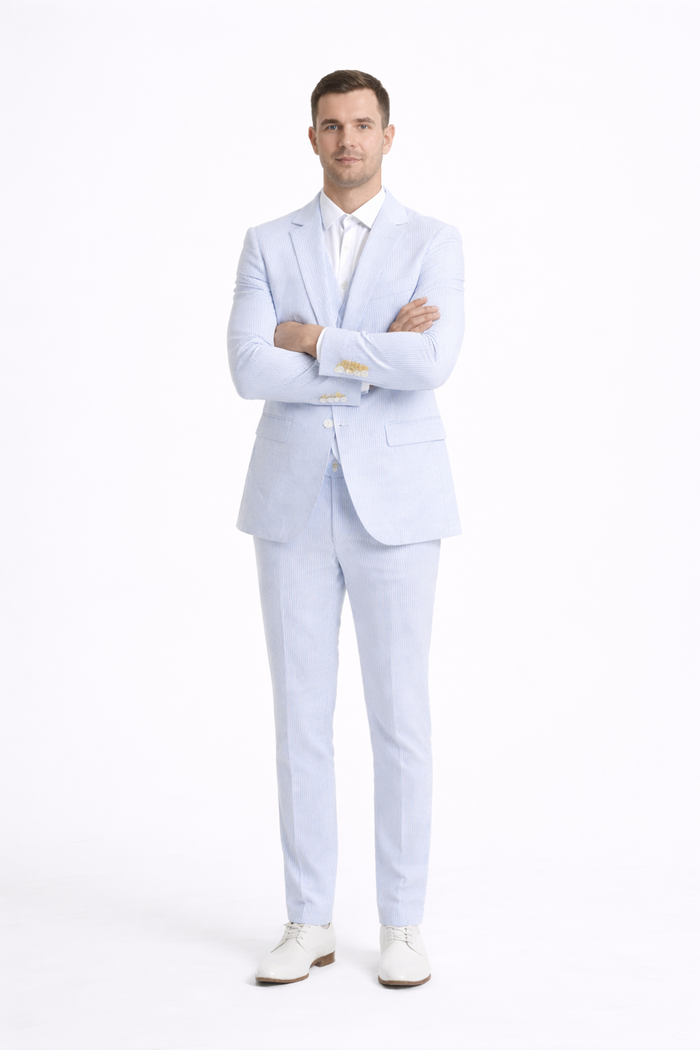 Kentucky Derby Seersucker Suits For Men - Big and Tall Seersucker Suit Mens Vested Summer Seersucker Suit in Blue Pinstripe
