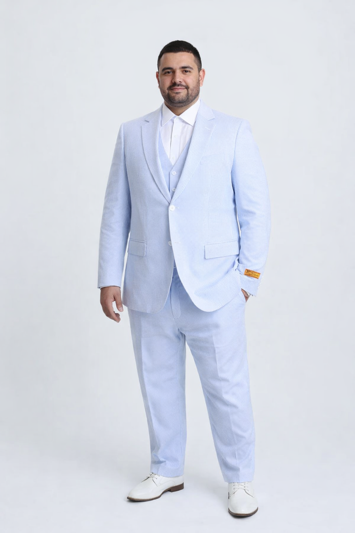 Kentucky Derby Seersucker Suits For Men - Big and Tall Seersucker Suit Mens Vested Summer Seersucker Suit in Blue Pinstripe