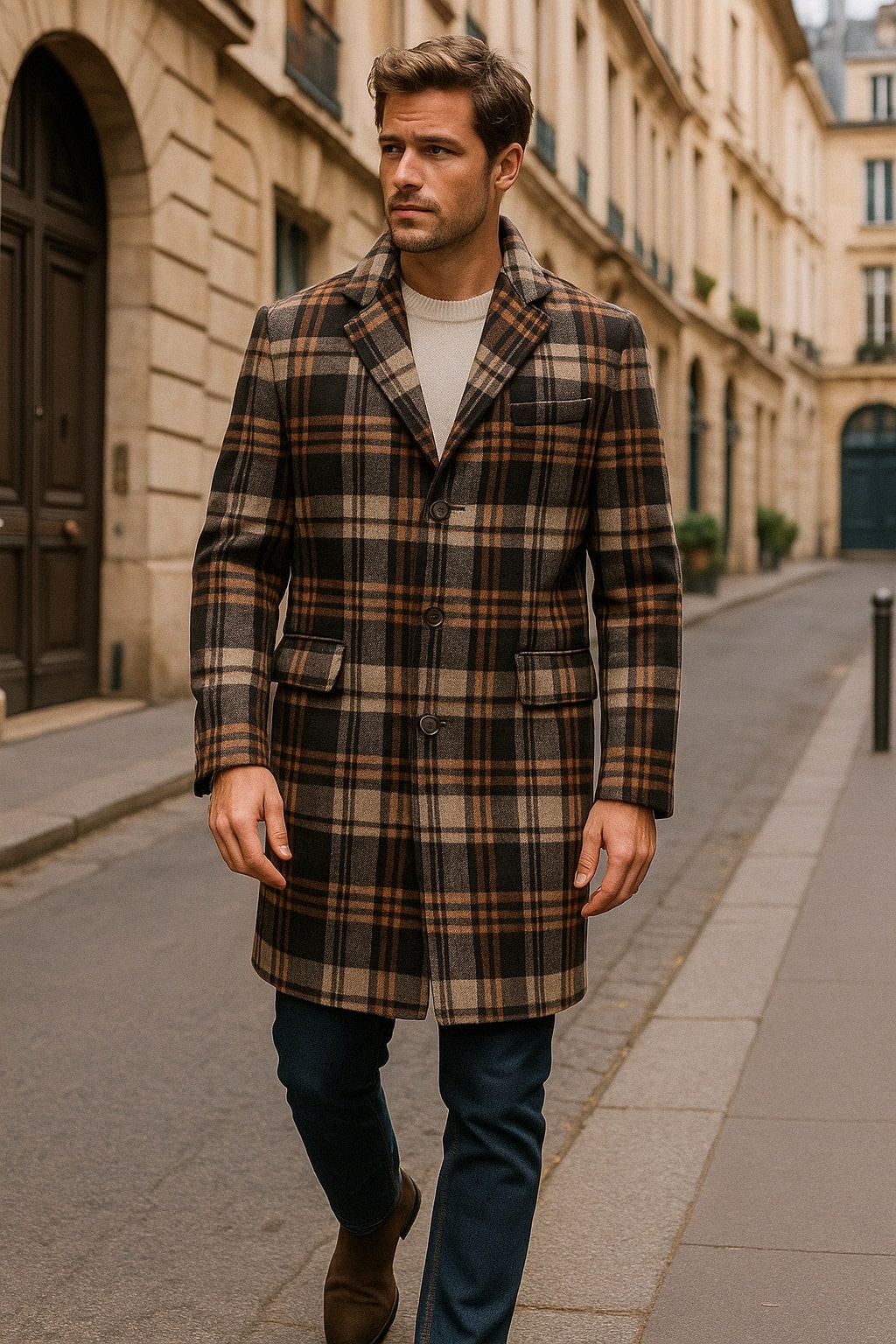 Mens Plaid Wool Overcoat – Khaki and Brown and Cream Check Pattern Winter Coat