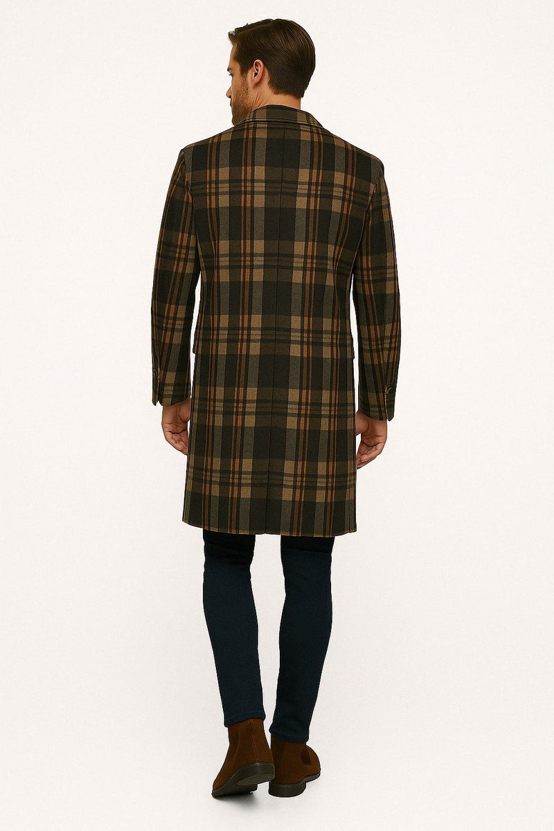 Mens Plaid Wool Overcoat – Khaki and Brown and Cream Check Pattern Winter Coat