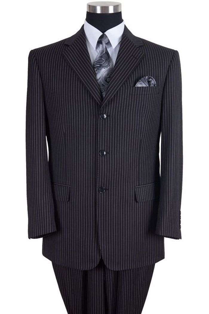 Mens Classic Fit 3 Button Banker Pinstripe Suit in Black by Fortino Landi