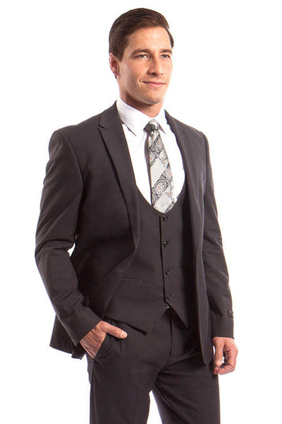 Men's Dark Grey Peak Lapel Suit with Lowcut Vest
