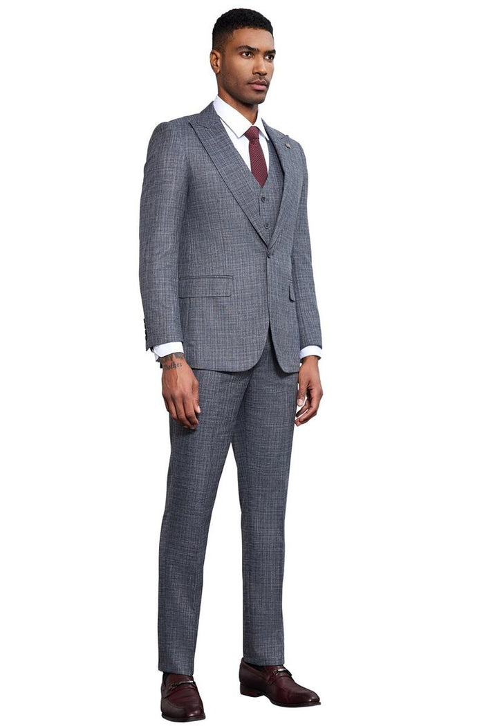Men's Stacy Adams Vested Sharkskin Weave Pattern Suit in Grey
