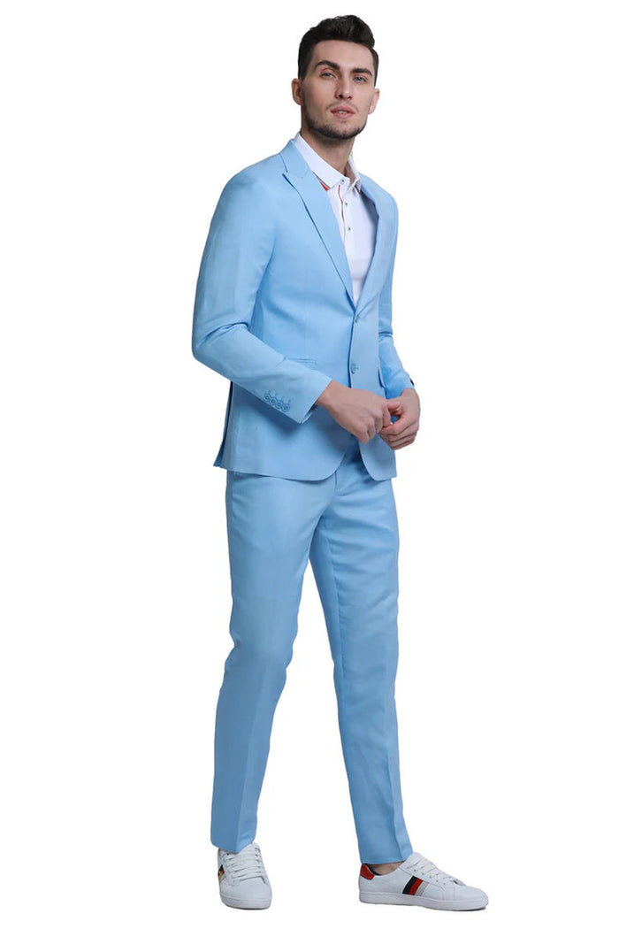 Mens Two Button Peak Lapel Summer Linen Style Beach Wedding Suit in Baby Blue
