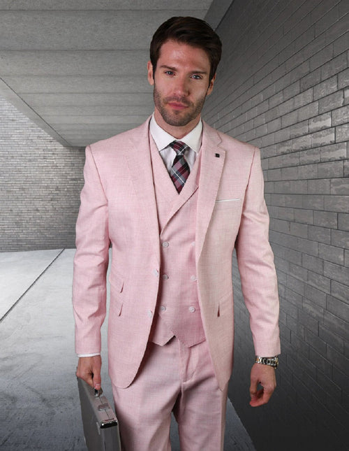 Mens 2 button Slim Fit Suit with Double Breasted Vest in Pink Pink Prom Tuxedos by Statement