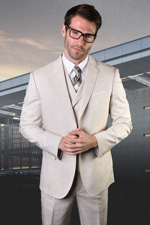 Men's Summer Wool Suit in Natural Tan with Double Breasted Vest