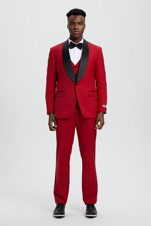 Red  Prom Tuxedo Suit - Red Wedding Suit - Men's Stacy Adams Vested One Button Shawl Lapel Designer Tuxedo