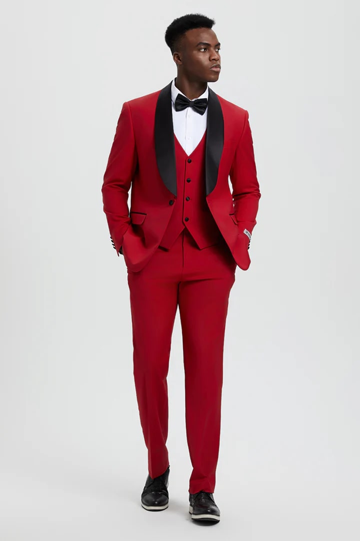 Red  Prom Tuxedo Suit - Red Wedding Suit - Men's Stacy Adams Vested One Button Shawl Lapel Designer Tuxedo