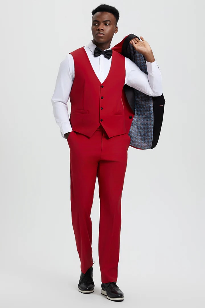 Red  Prom Tuxedo Suit - Red Wedding Suit - Men's Stacy Adams Vested One Button Shawl Lapel Designer Tuxedo