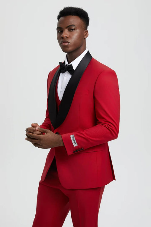 Red  Prom Tuxedo Suit - Red Wedding Suit - Men's Stacy Adams Vested One Button Shawl Lapel Designer Tuxedo