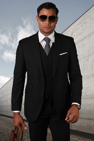 Men's Modern Fit Wool Vested Suit in Black